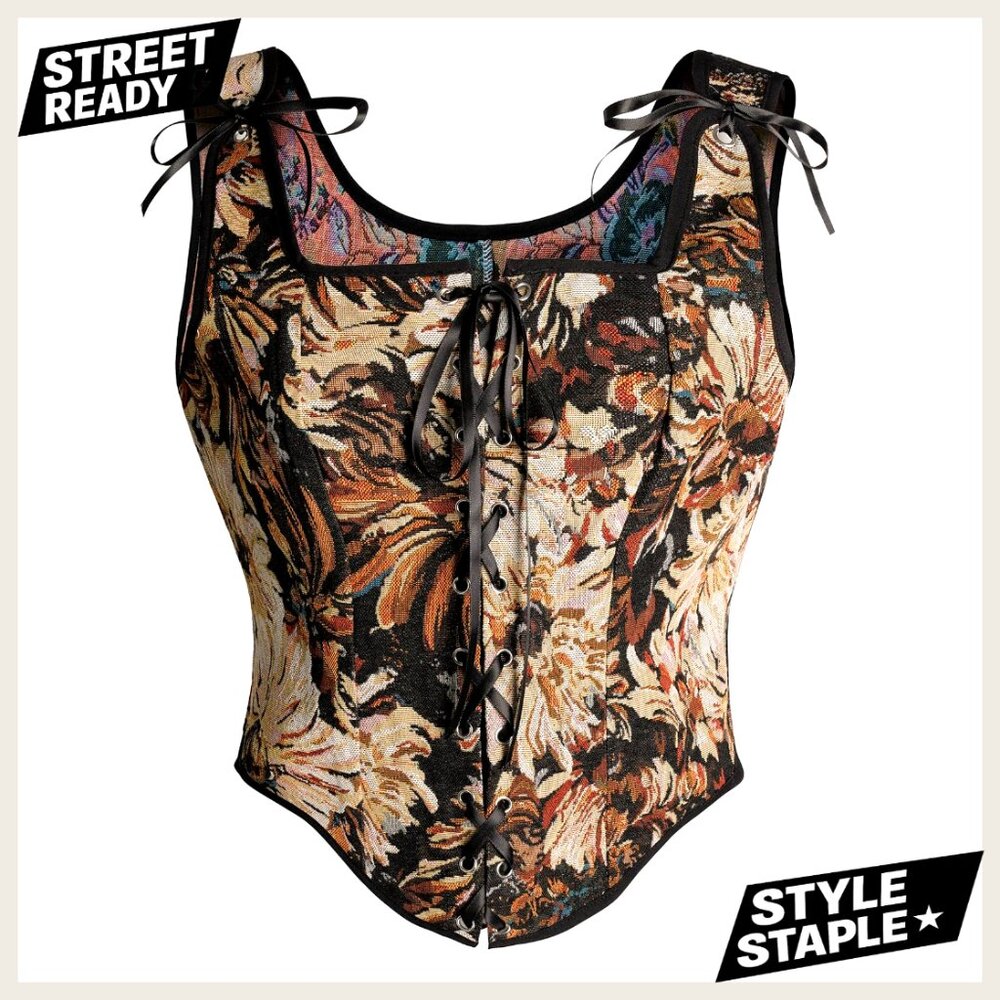 Vintage Floral Overbust Corset Top with Lace Up and Zipper Size Small